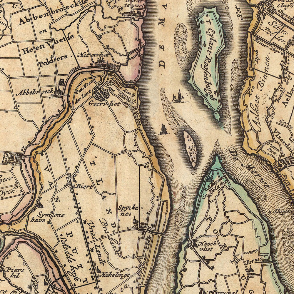 Old Map of Delfland and Schieland by Visscher, 1690: The Hague, Rotterdam, Delft, Hellevoetsluis, Ridderkerk