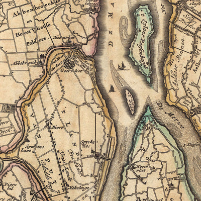 Old Map of Delfland and Schieland by Visscher, 1690: The Hague, Rotterdam, Delft, Hellevoetsluis, Ridderkerk