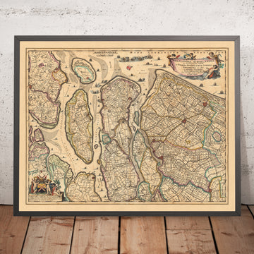 Mapa antiguo de Delfland y Schieland por Visscher, 1690: La Haya, Rotterdam, Delft, Hellevoetsluis, Ridderkerk