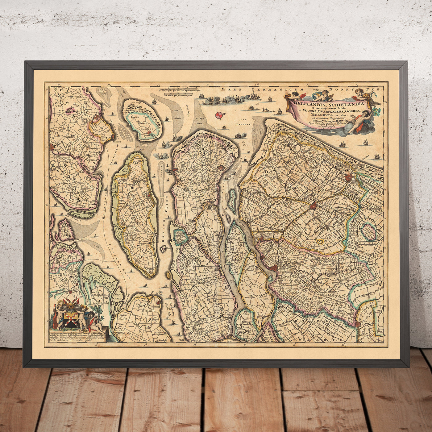 Old Map of Delfland and Schieland by Visscher, 1690: The Hague, Rotterdam, Delft, Hellevoetsluis, Ridderkerk