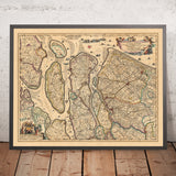 Mapa antiguo de Delfland y Schieland por Visscher, 1690: La Haya, Rotterdam, Delft, Hellevoetsluis, Ridderkerk
