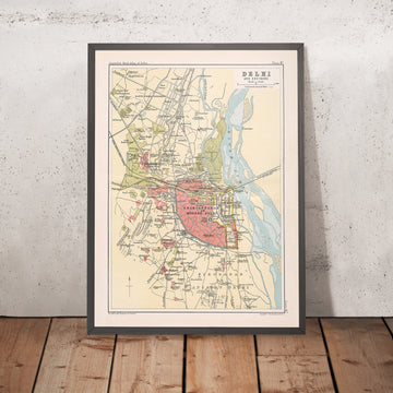 Ancienne carte de Delhi par Bartholomew, 1893 : Shahjahanabad, Jumma Musjid, rivière Yamuna, porte de Delhi, porte du Cachemire