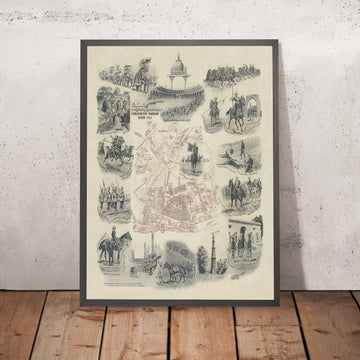 Vecchia mappa pittorica del Delhi Durbar di Wymer, 1911: Padiglione della coronazione, Parco, Kingsway, Reggimenti, Elefanti 