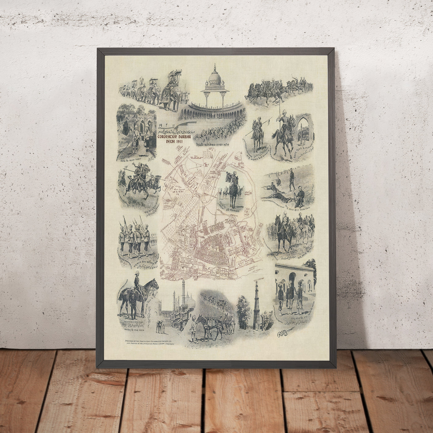 Alter bildlicher Plan von Delhi Durbar von Wymer, 1911: Krönungspavillon, Park, Kingsway, Regimenter, Elefanten 