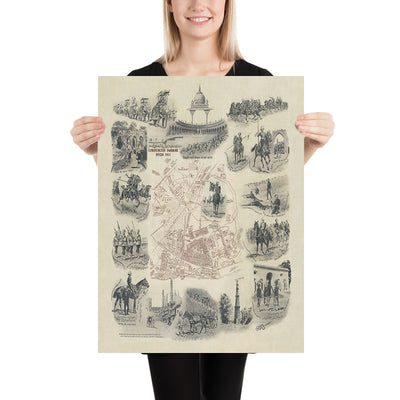 Alter bildlicher Plan von Delhi Durbar von Wymer, 1911: Krönungspavillon, Park, Kingsway, Regimenter, Elefanten 