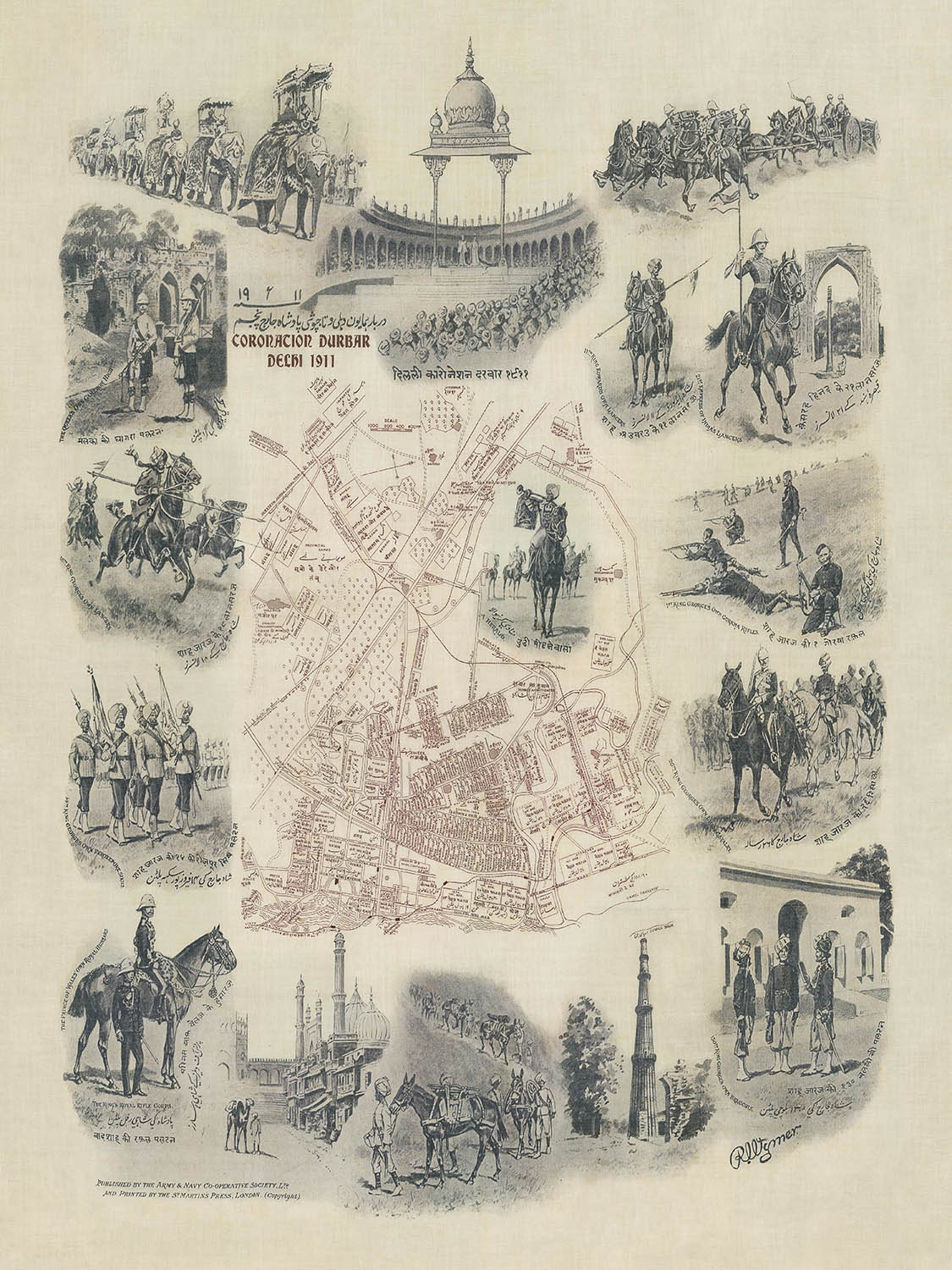 Alter bildlicher Plan von Delhi Durbar von Wymer, 1911: Krönungspavillon, Park, Kingsway, Regimenter, Elefanten 