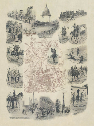 Alter bildlicher Plan von Delhi Durbar von Wymer, 1911: Krönungspavillon, Park, Kingsway, Regimenter, Elefanten 