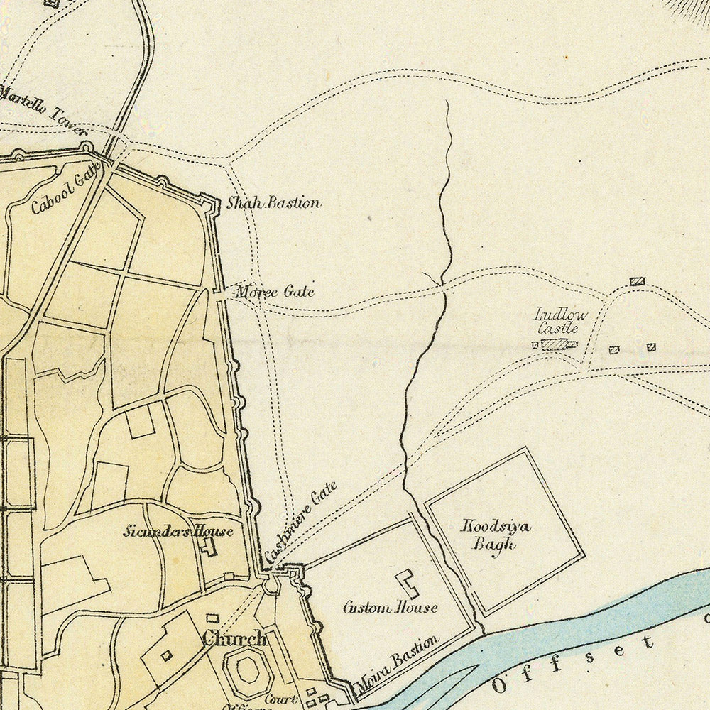 Mapa antiguo de Delhi por Weller, 1860: Jama Musjid, el palacio, el puente de los barcos, los acantonamientos, el río Jumna