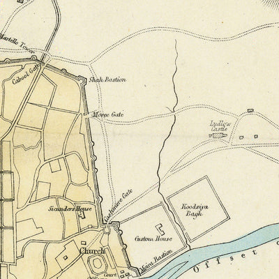 Mapa antiguo de Delhi por Weller, 1860: Jama Musjid, el palacio, el puente de los barcos, los acantonamientos, el río Jumna