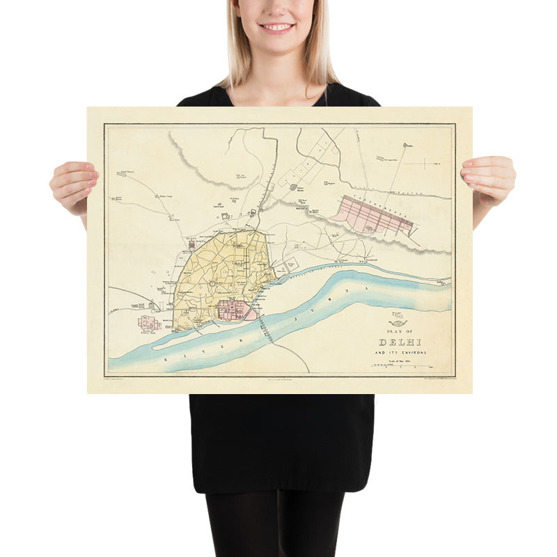 Mapa antiguo de Delhi por Weller, 1860: Jama Musjid, el palacio, el puente de los barcos, los acantonamientos, el río Jumna