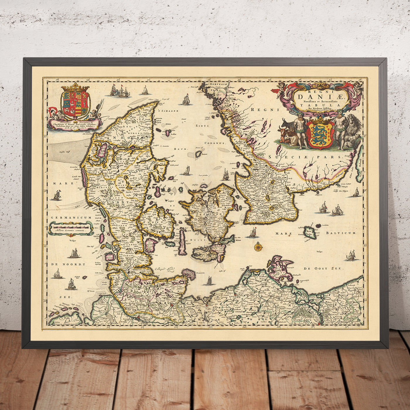 Alte Karte von Dänemark von Visscher, 1690: Göteborg, Kopenhagen, Hamburg, Malmö, Nationalpark Wattenmeer 