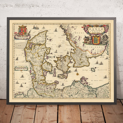 Alte Karte von Dänemark von Visscher, 1690: Göteborg, Kopenhagen, Hamburg, Malmö, Nationalpark Wattenmeer 