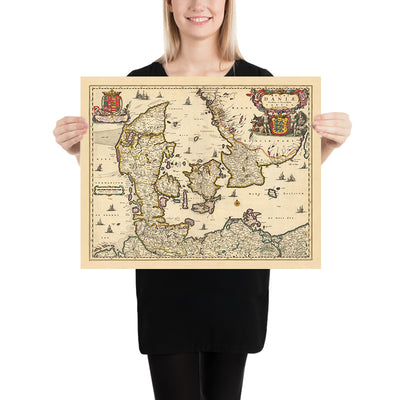 Alte Karte von Dänemark von Visscher, 1690: Göteborg, Kopenhagen, Hamburg, Malmö, Nationalpark Wattenmeer 