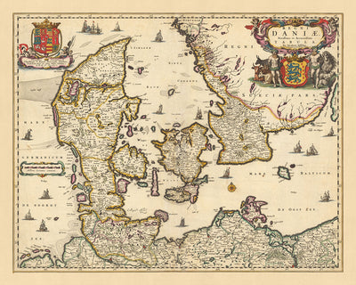 Alte Karte von Dänemark von Visscher, 1690: Göteborg, Kopenhagen, Hamburg, Malmö, Nationalpark Wattenmeer 