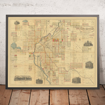 Mappa antica di Denver di Thayer, 1883: Fiume Platte, Cherry Creek, City Park, Edificio dell&