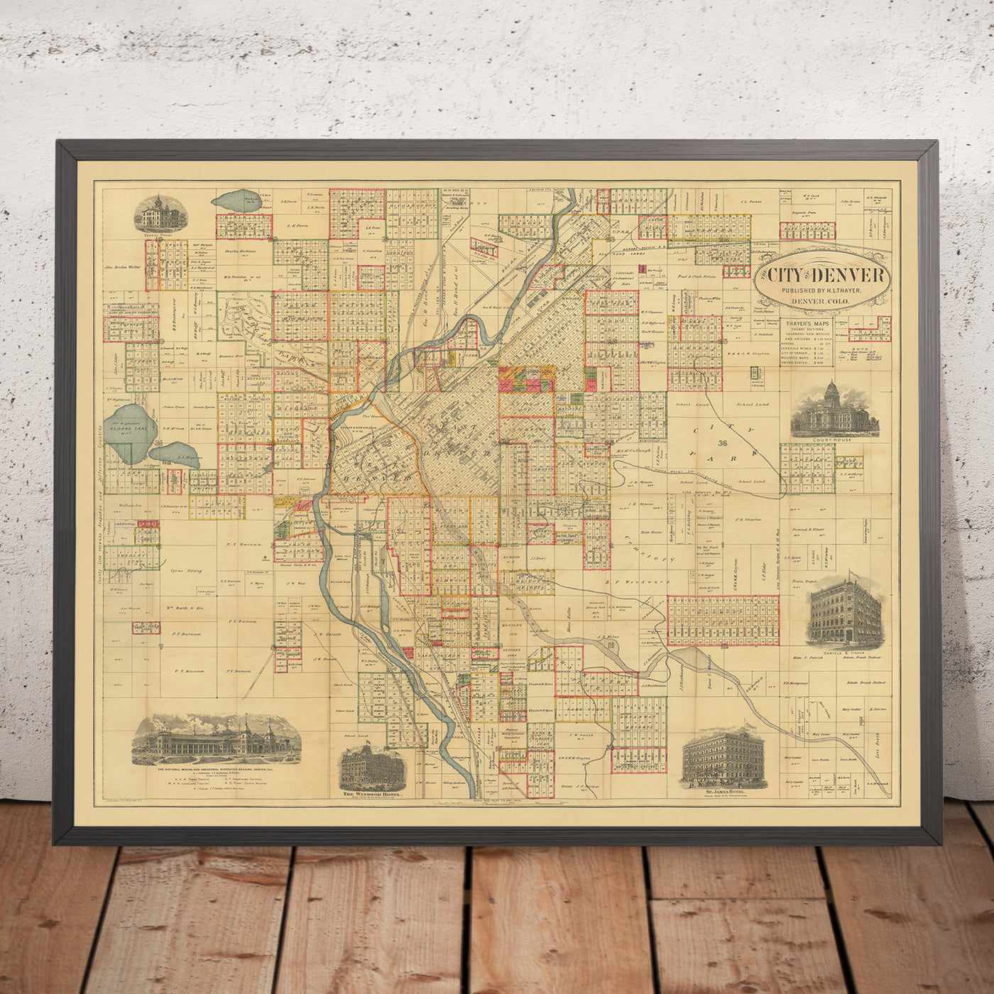 Old Map of Denver by Thayer, 1883: Platte River, Cherry Creek, City Park, Exposition Building, Windsor Hotel