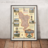 Alter bildlicher Stadtplan von Derbyshire von Clegg, 1946: Derby, Chatsworth, Kedleston, Hardwick, Haddon 