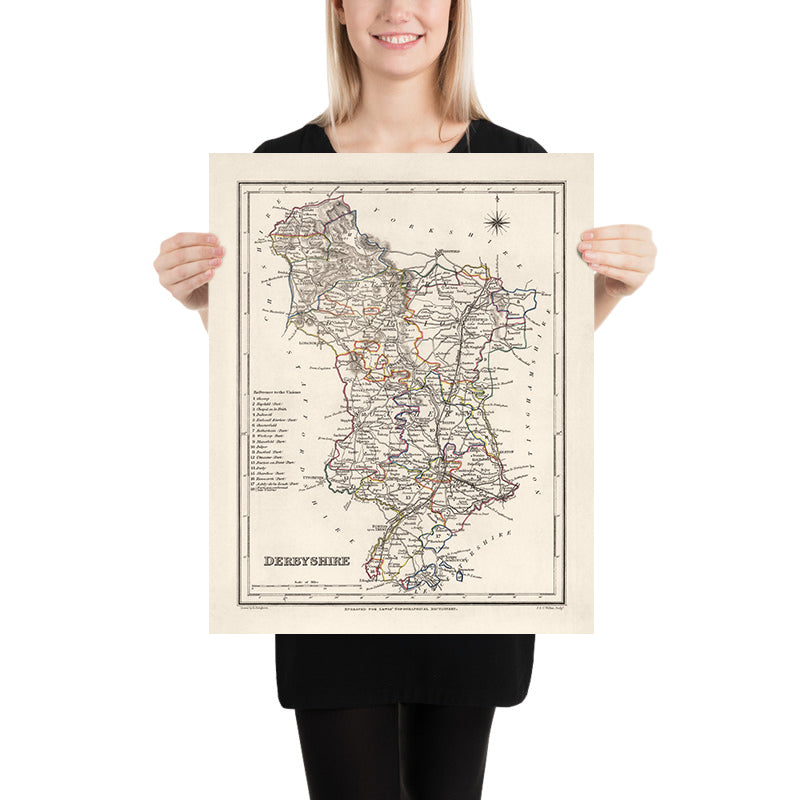 Old Map of Derbyshire by Samuel Lewis, 1844: Buxton, Ashbourne, Matlock, Bakewell, Chatsworth House
