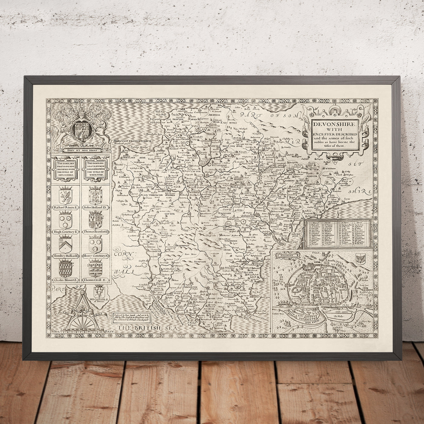 Old Map of Devon, 1611 by John Speed - Plymouth, Exeter, Torquay, Paignton, Exmouth, Barnstaple