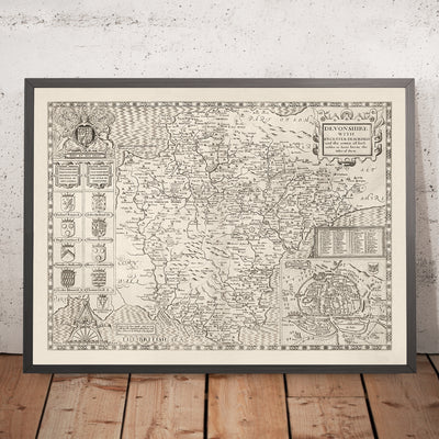 Old Map of Devon, 1611 by John Speed - Plymouth, Exeter, Torquay, Paignton, Exmouth, Barnstaple