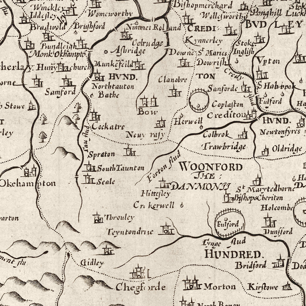 Old Map of Devon, 1611 by John Speed - Plymouth, Exeter, Torquay, Paignton, Exmouth, Barnstaple