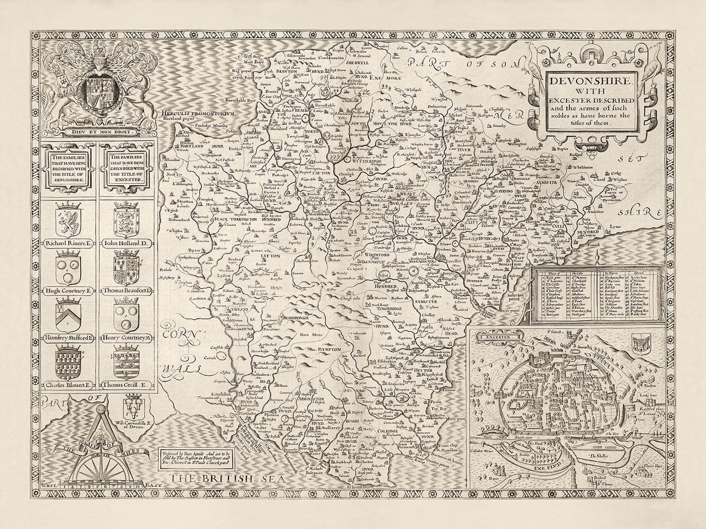 Old Map of Devon, 1611 by John Speed - Plymouth, Exeter, Torquay, Paignton, Exmouth, Barnstaple