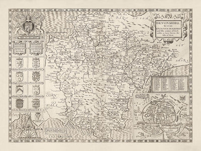 Old Map of Devon, 1611 by John Speed - Plymouth, Exeter, Torquay, Paignton, Exmouth, Barnstaple