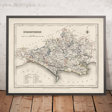 Mapa antiguo de Dorset por Samuel Lewis, 1844: Blandford Forum, Bridport, Lyme Regis, Shaftesbury, Wimborne Minster