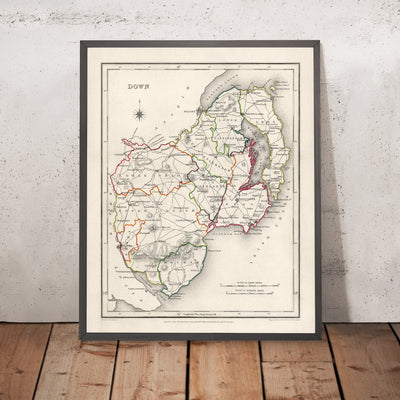 Alte Karte des County Down von Samuel Lewis, 1844: Belfast, Bangor, Newtownards, Holywood und Strangford 