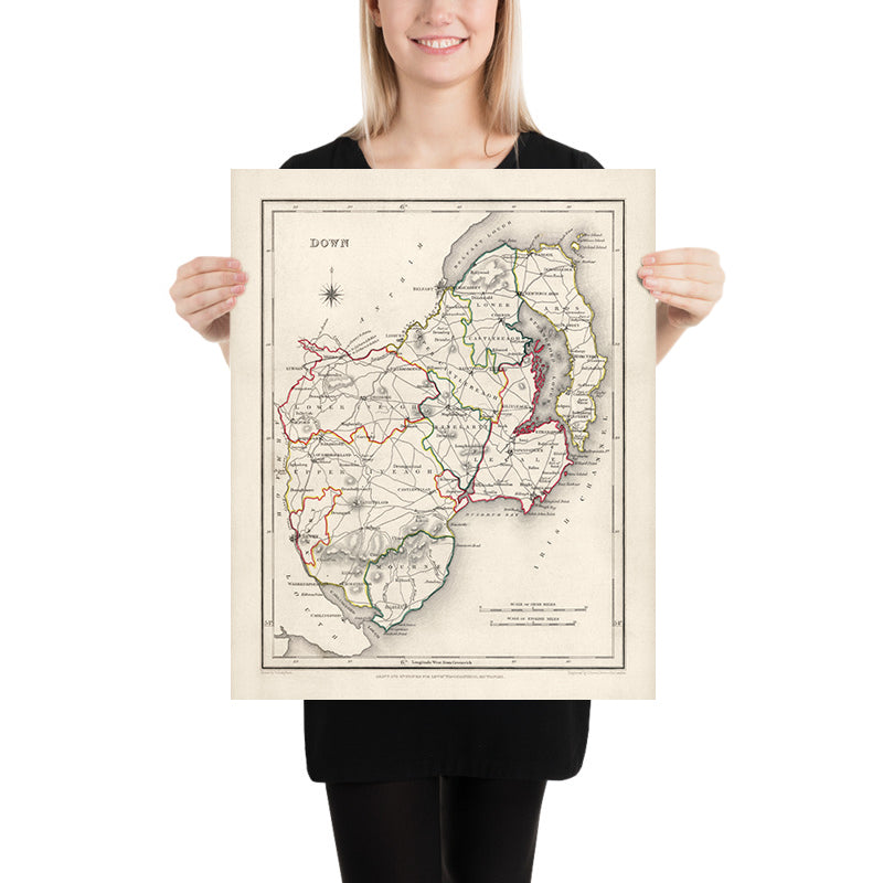 Alte Karte des County Down von Samuel Lewis, 1844: Belfast, Bangor, Newtownards, Holywood und Strangford 