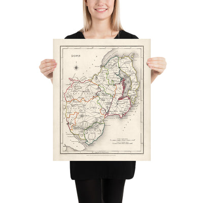 Alte Karte des County Down von Samuel Lewis, 1844: Belfast, Bangor, Newtownards, Holywood und Strangford 