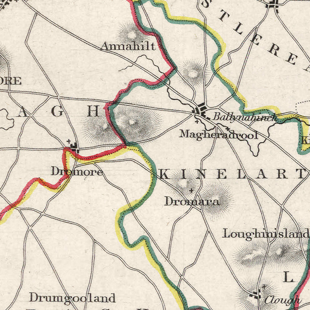 Alte Karte des County Down von Samuel Lewis, 1844: Belfast, Bangor, Newtownards, Holywood und Strangford 
