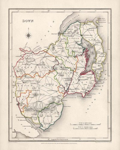 Alte Karte des County Down von Samuel Lewis, 1844: Belfast, Bangor, Newtownards, Holywood und Strangford 