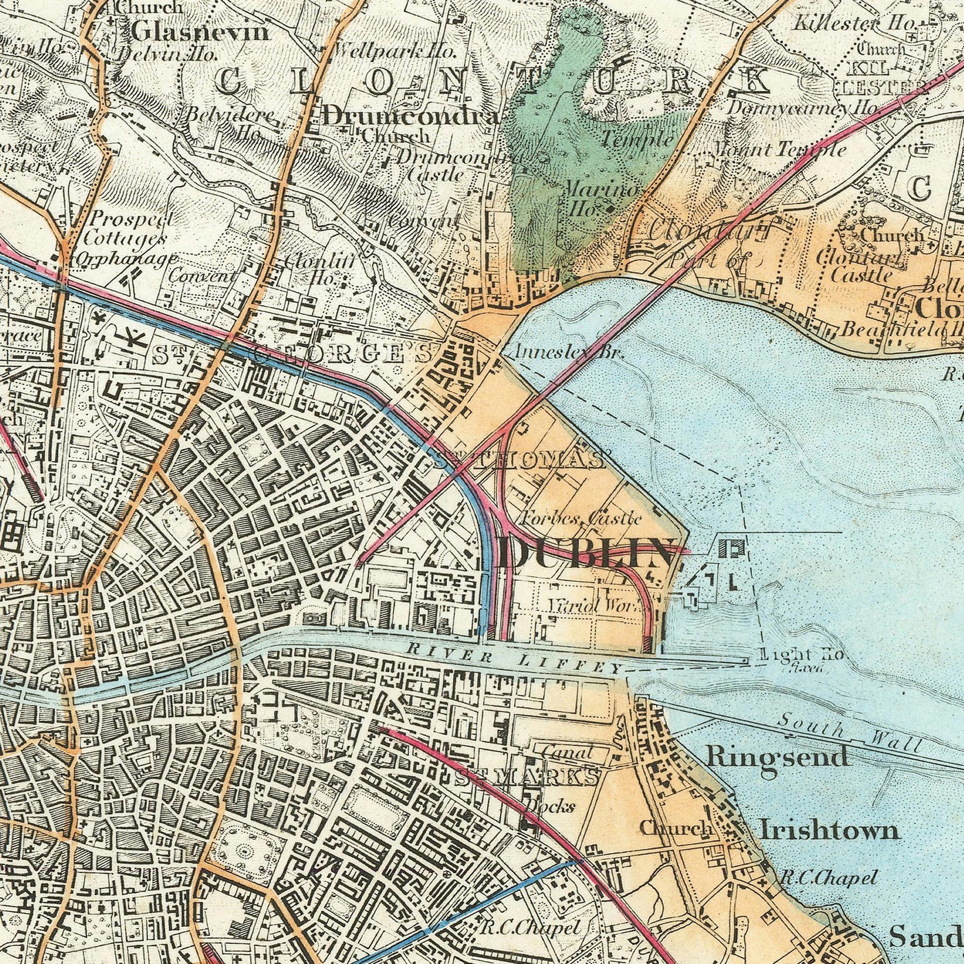 Gran Mapa Antiguo de Dublín y sus Suburbios, 1868: Meath, Clane, Rathdown, Drogheda 