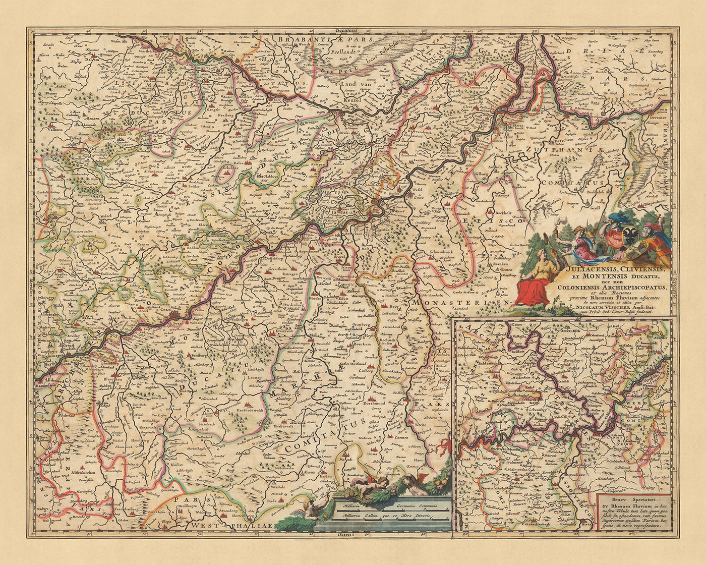 Alte Karte der Herzogtümer Jülich, Kleve & Berg von Visscher, 1690: Düsseldorf, Essen, Köln, Bonn, Dortmund 