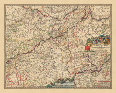 Alte Karte der Herzogtümer Jülich, Kleve & Berg von Visscher, 1690: Düsseldorf, Essen, Köln, Bonn, Dortmund 