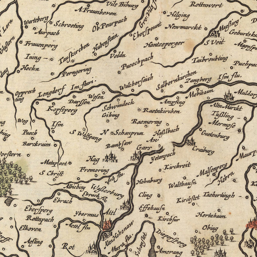 Antica mappa del Ducato di Baviera di Visscher, 1690: Ratisbona, Ingolstadt, Monaco, Augusta, Zugspitze 