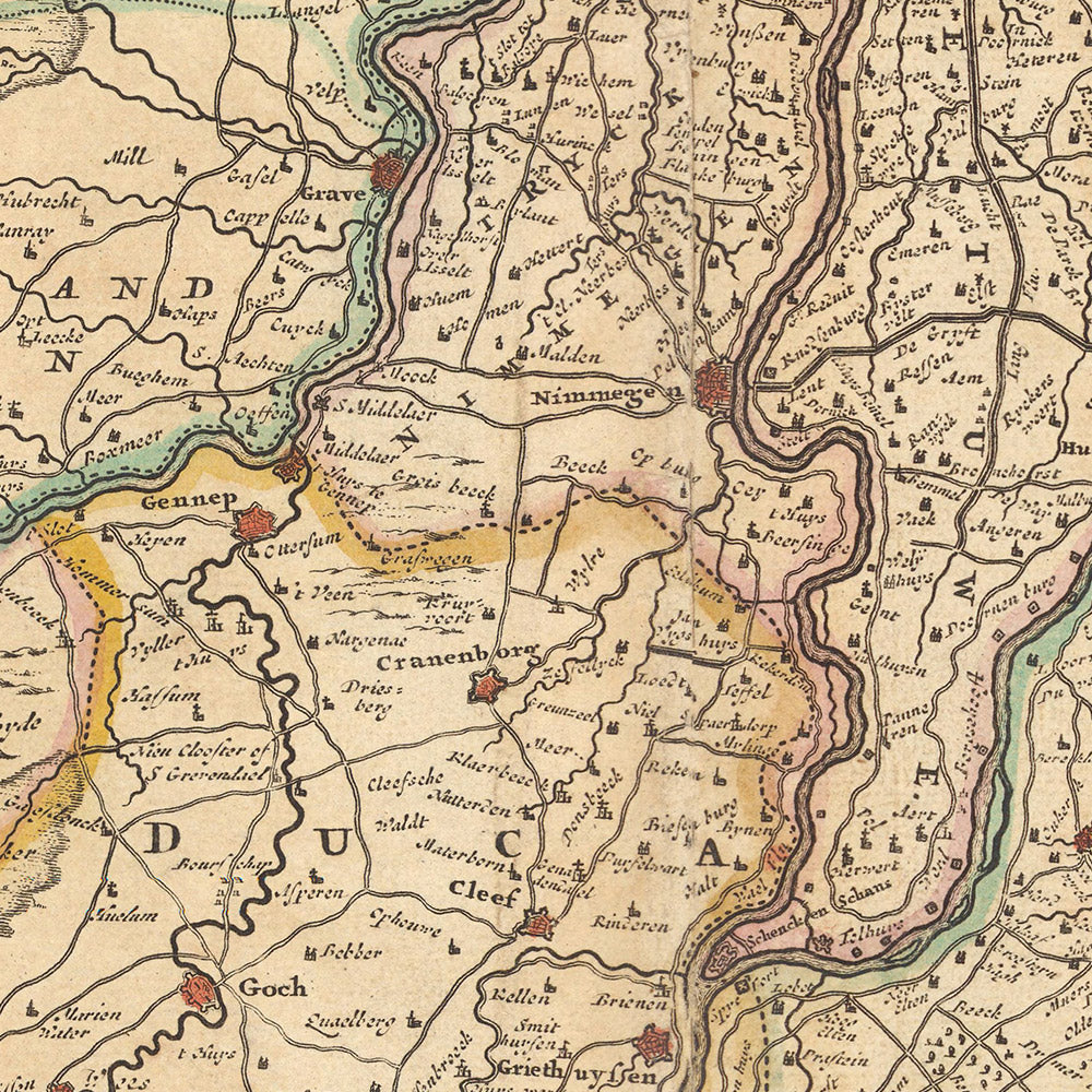 Mapa antiguo del Ducado de Guelders y Zutphen por Visscher, 1690: Amsterdam, Amersfoort, Utrecht, Eindhoven, Nijmegen