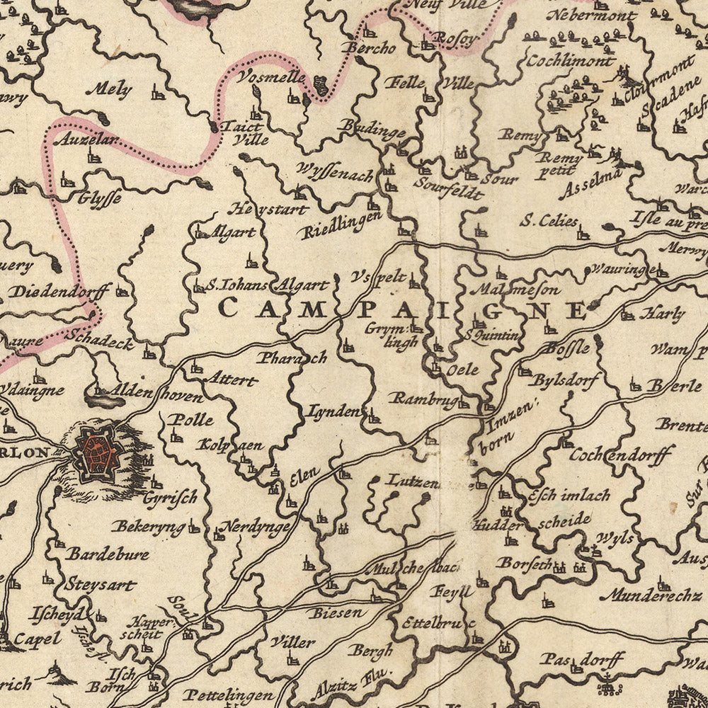 Ancienne carte du duché de Luxembourg par Visscher, 1690 : Liège, Namur, Metz, Trèves, Parc régional des Ardennes