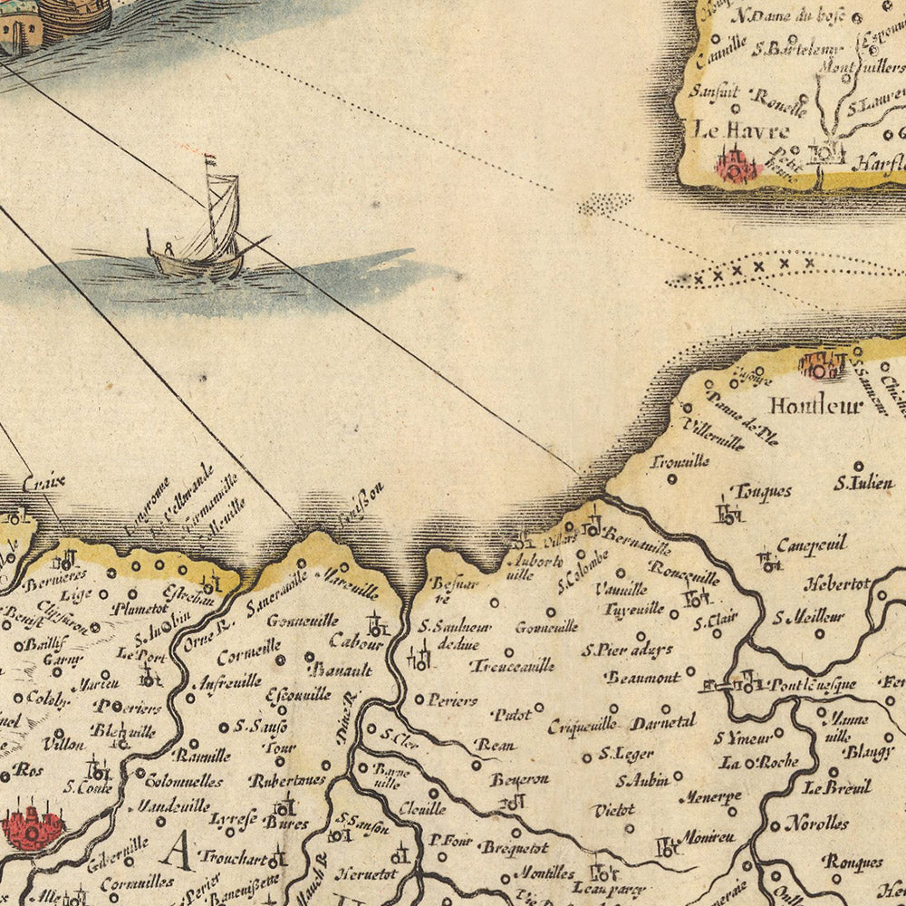 Alte Karte des Herzogtums Normandie von Visscher, 1690: Caen, Le Havre, Rouen, Cherbourg-en-Cotentin, Normandie-Maine Park 