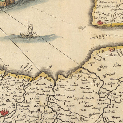 Alte Karte des Herzogtums Normandie von Visscher, 1690: Caen, Le Havre, Rouen, Cherbourg-en-Cotentin, Normandie-Maine Park 