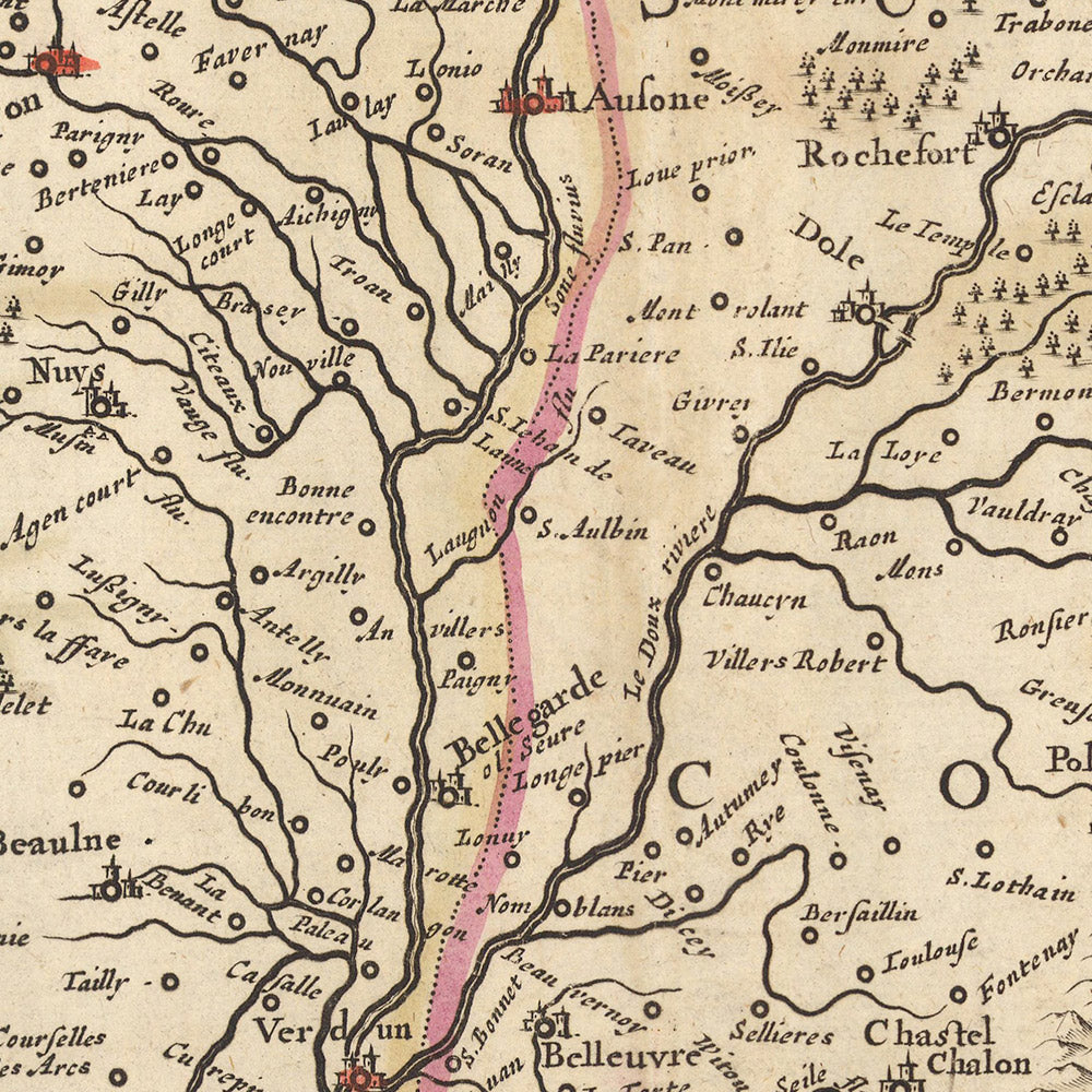 Old Map of Burgundy, France by Visscher, 1690: Dijon, Besançon, Chalon-sur-Saône, Belfort, Parc naturel régional du Morvan