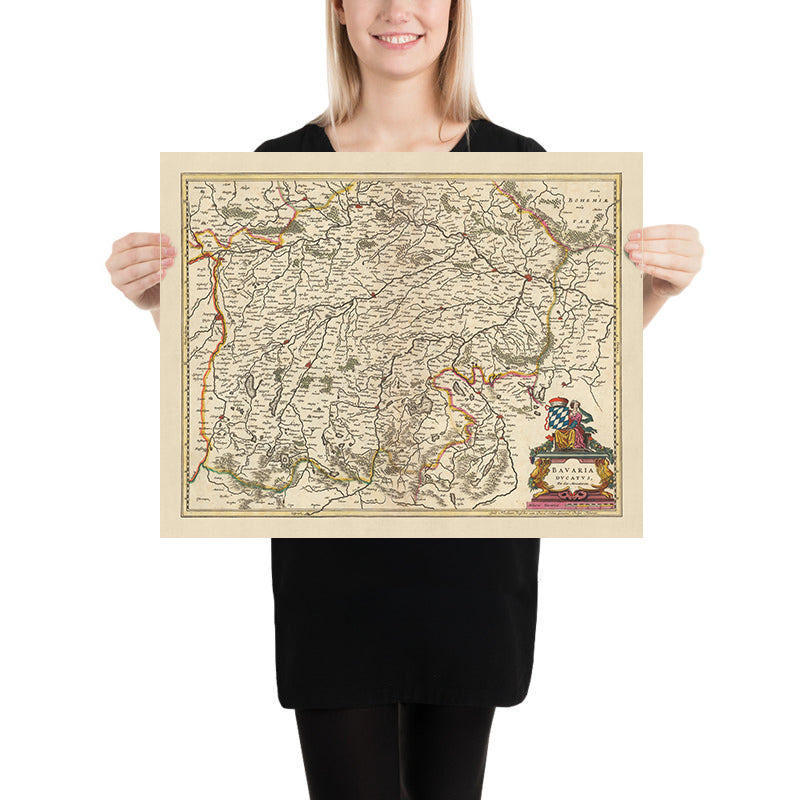 Alte Karte des Herzogtums Bayern von Visscher, 1690: Regensburg, Ingolstadt, München, Augsburg, Zugspitze 