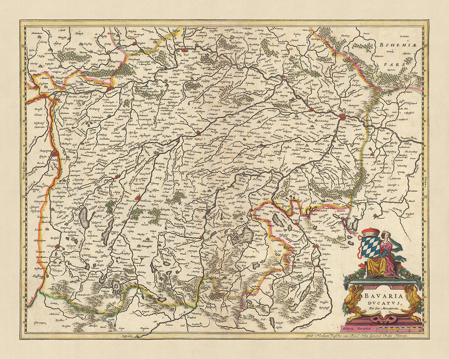 Antica mappa del Ducato di Baviera di Visscher, 1690: Ratisbona, Ingolstadt, Monaco, Augusta, Zugspitze 