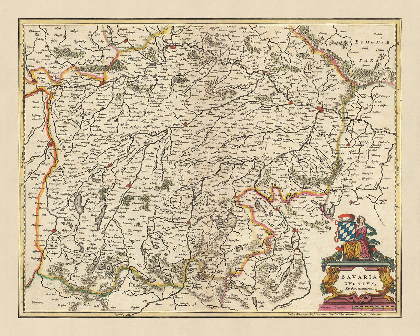 Alte Karte des Herzogtums Bayern von Visscher, 1690: Regensburg, Ingolstadt, München, Augsburg, Zugspitze 