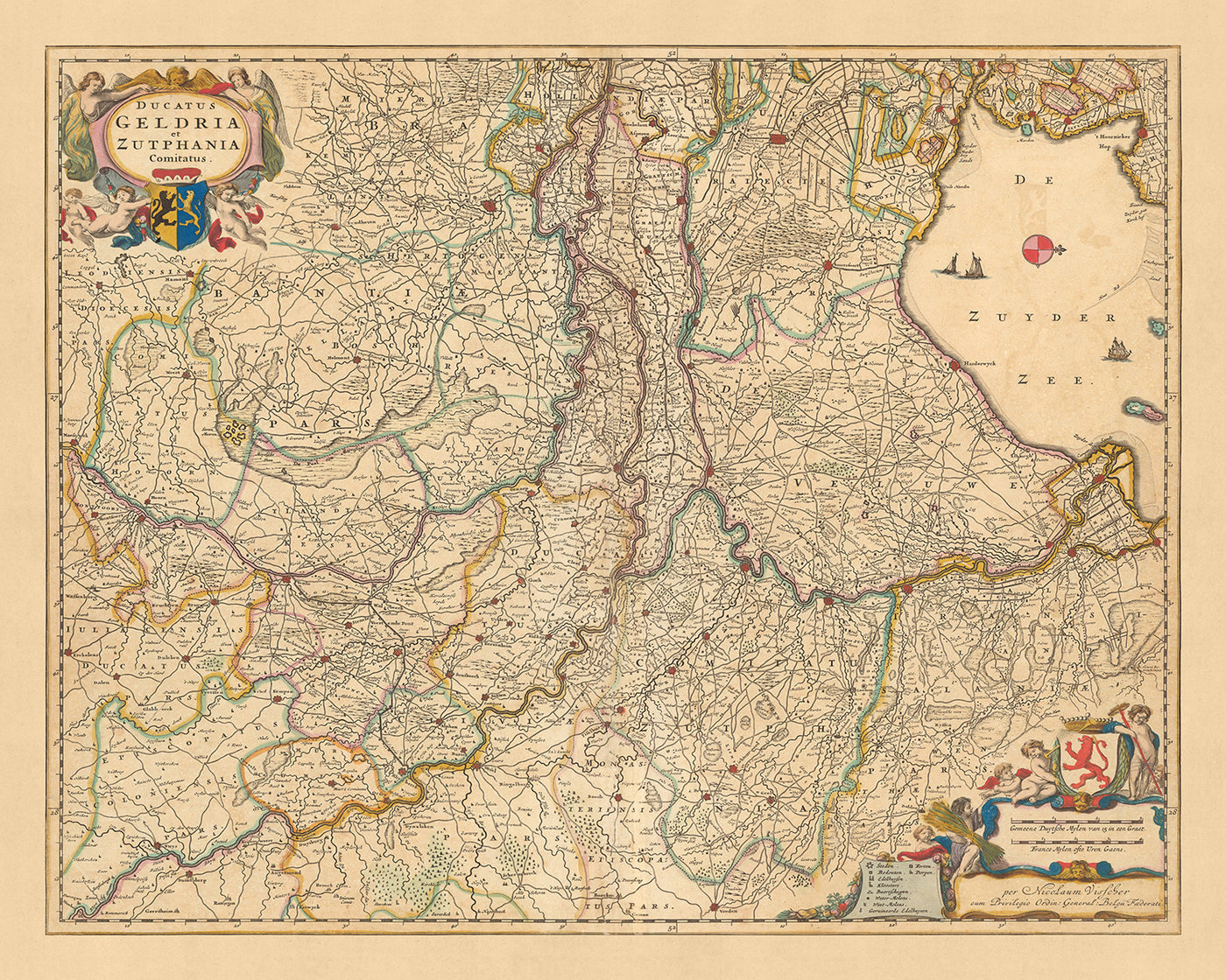 Mapa antiguo del Ducado de Guelders y Zutphen por Visscher, 1690: Amsterdam, Amersfoort, Utrecht, Eindhoven, Nijmegen
