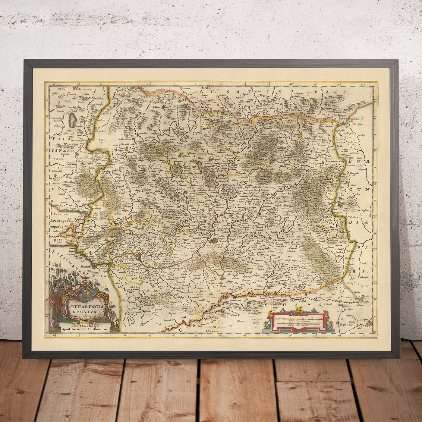 Old Map of Duchy of Lorraine, France by Visscher, 1690: Nancy, Metz, Saarbrücken, Kaiserslauten, Northern Vosges Park
