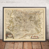 Vecchia mappa del Ducato di Lorena, Francia di Visscher, 1690: Nancy, Metz, Saarbrücken, Kaiserslautern, Parco delle Vosgi Settentrionali 