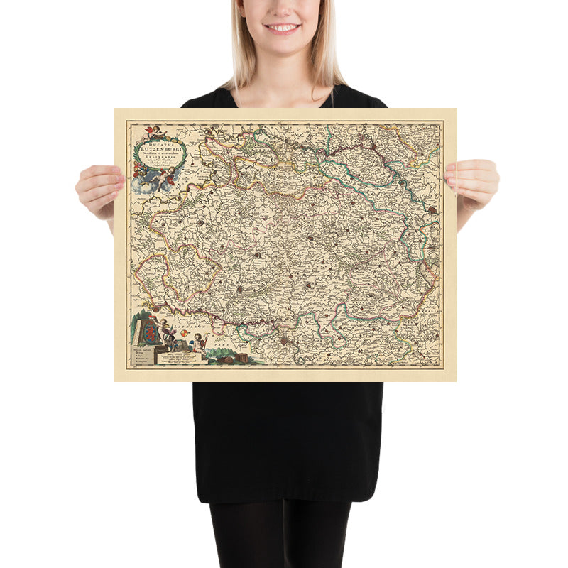 Ancienne carte du duché de Luxembourg par Visscher, 1690 : Liège, Namur, Metz, Trèves, Parc régional des Ardennes