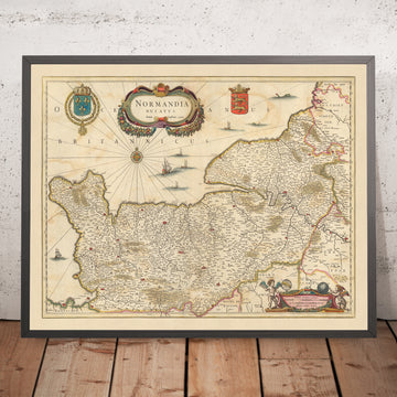 Mappa antica del Ducato di Normandia di Visscher, 1690: Caen, Le Havre, Rouen, Cherbourg-en-Cotentin, Parco Normandie-Maine 